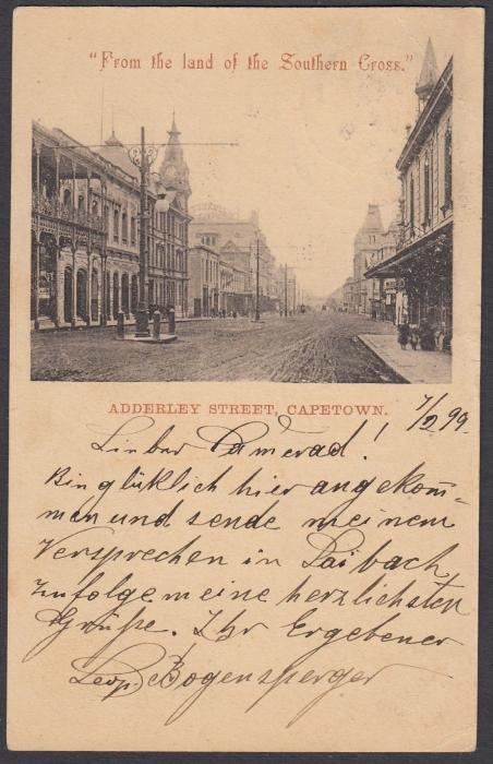 SOUTH AFRICA: (Cape of Good Hope - Picture Stationery) 1899 1d. card entitled Adderley Street, Capetown; used to Vienna.