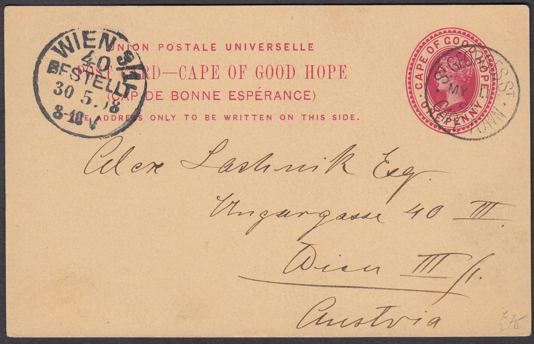 SOUTH AFRICA:  (Cape of Good Hope - Picture Stationery) 1899 1d. card entitled Queens Hotel, Sea Point, Capetown; used to Vienna