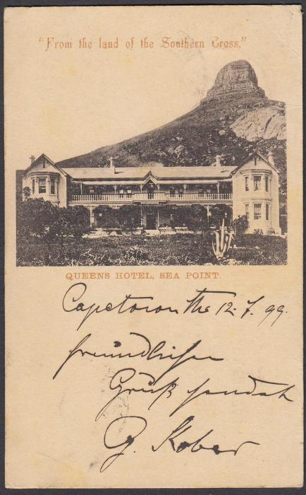 SOUTH AFRICA: (Cape of Good Hope - Picture Stationery) 1899 1d. card entitled Queens Hotel, Sea Point; used to Germany.