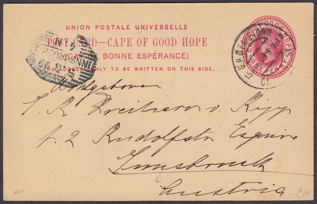 SOUTH AFRICA: (Cape of Good Hope - Picture Stationery) 1899 1d. card entitled Adderley Street, Looking West; used to Innsbruck.