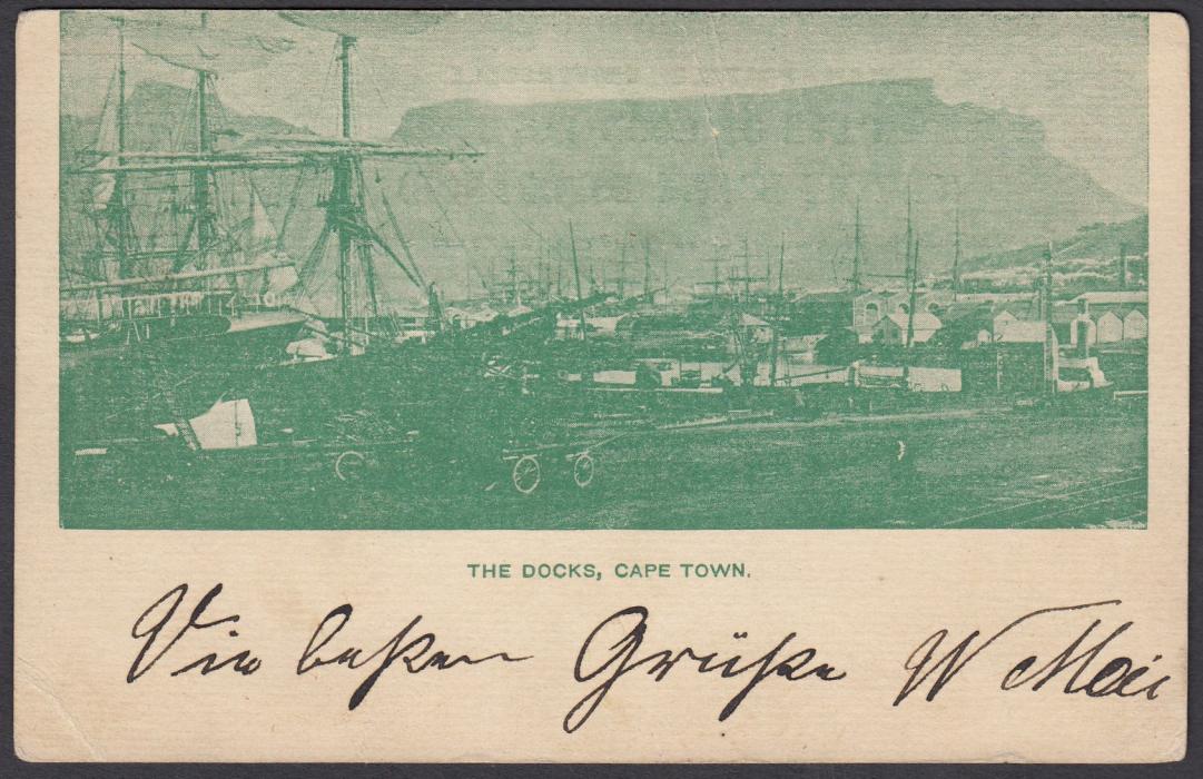 SOUTH AFRICA: (Cape of Good Hope - Picture Stationery) 1890s 1d. overprinted card in green entitled The Docks, Cape Town; used to Germany.
