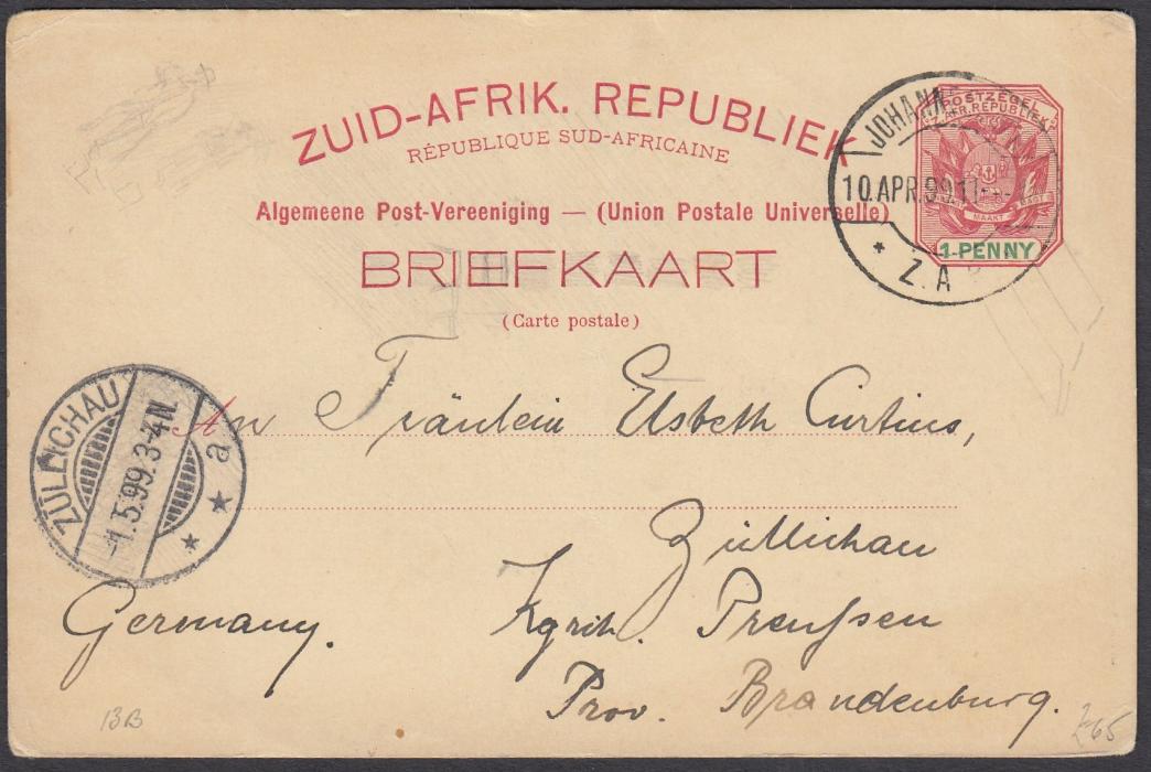 SOUTH AFRICA: (Transvaal - Picture Stationery) 1899 1d card entitled Greetings from Pretoria - T.L. & M. Buildings; used to Germany.