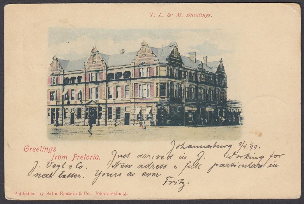 SOUTH AFRICA: (Transvaal - Picture Stationery) 1899 1d card entitled Greetings from Pretoria - T.L. & M. Buildings; used to Germany.