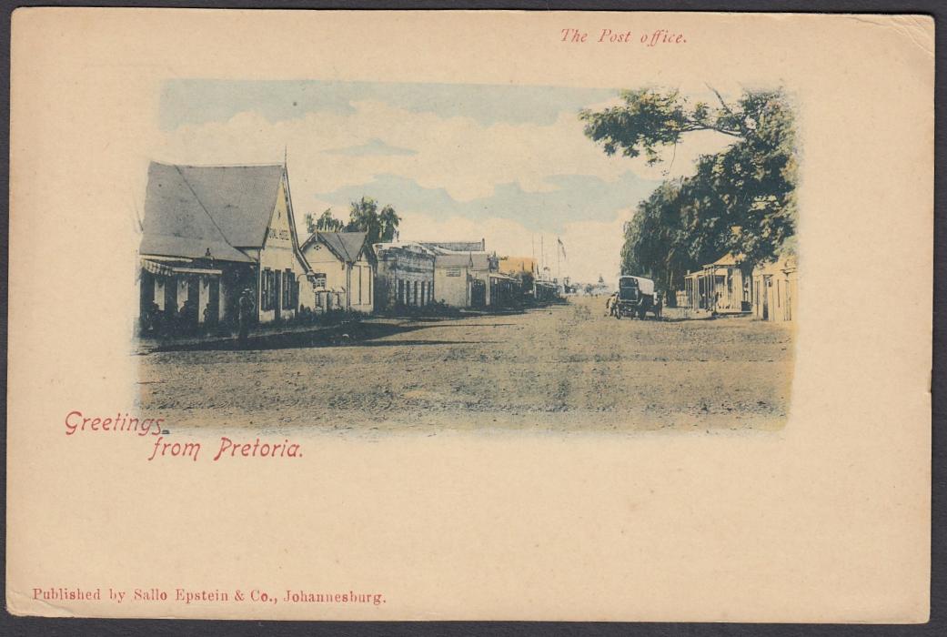 SOUTH AFRICA: (Transvaal -  Picture Stationery) 1899 1d. card entitled Greetings from Pretoria - The Post Office; fine unused multi-coloured card.