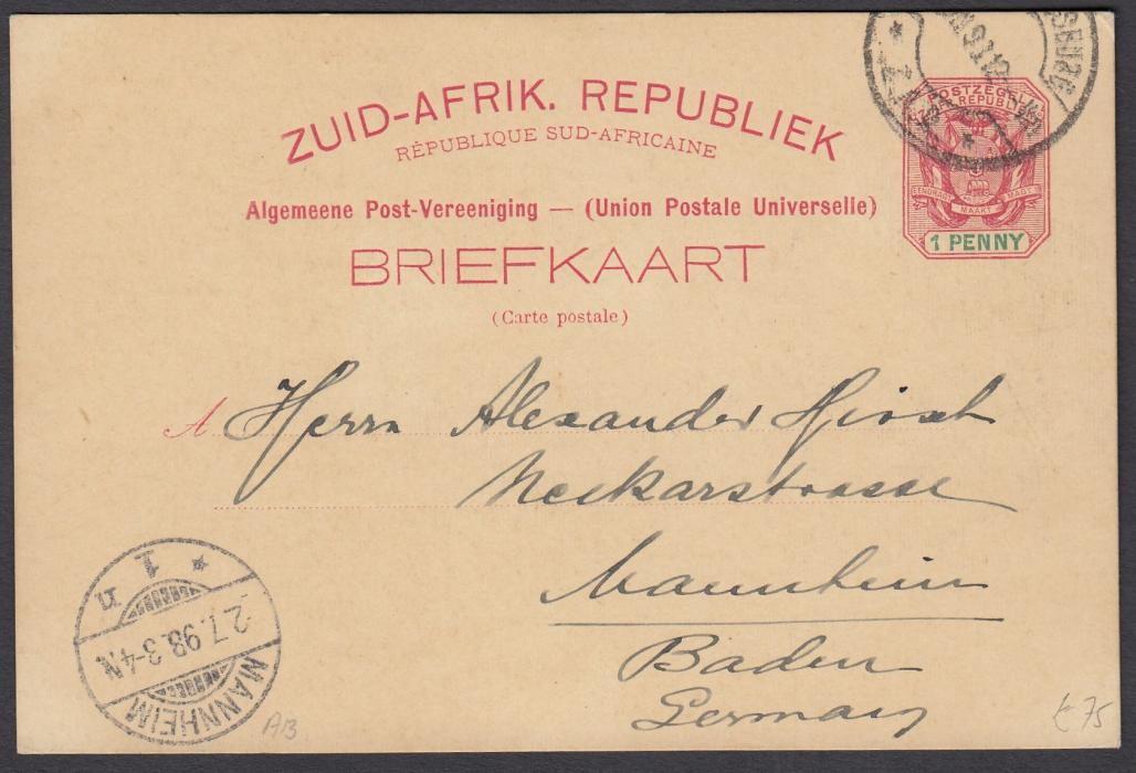 SOUTH AFRICA: (Transvaal - Picture Stationery) 1898 1d. stationery card entitled Greetings from Johannesburg - Loveday Street; fine multi-coloured card used to Germany.