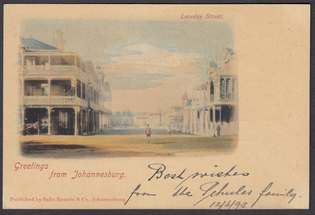 SOUTH AFRICA: (Transvaal - Picture Stationery) 1898 1d. stationery card entitled Greetings from Johannesburg - Loveday Street; fine multi-coloured card used to Germany.