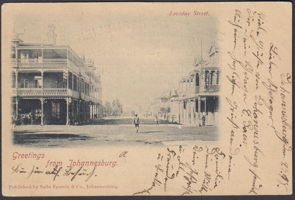 SOUTH AFRICA: (Transvaal - Picture Stationery) 1898 1d. stationery card entitled Greetings From Johannesburg- - Loveday Street; used single colour card.