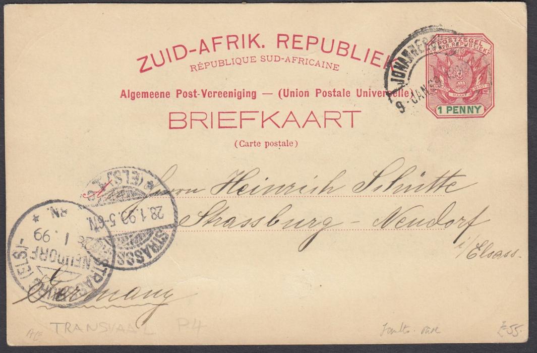 SOUTH AFRICA: (Transvaal - Picture Stationery) 1890s 1d. double view stationery card Greetings From Johannesburg - Telephone Tower & Pritchard Street; good used.