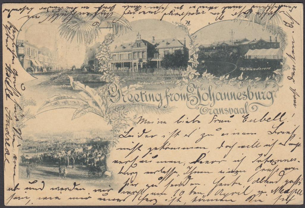 SOUTH AFRICA: (Transvaal - Picture Stationery) 1898 1d. stationery card Greeting from Johannesburg with four images - Cattle Market, Street Scene, Law Courts and Wanderers Stadium (Cricket Ground); good used to Germany.