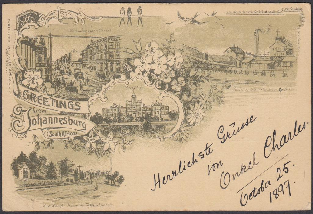 SOUTH AFRICA: (Transvaal - Picture Stationery) 1897 1d. card entitled Greetings from Johannesburg with four views; good used to Germany.
