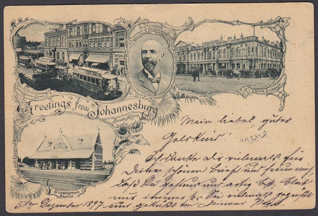 SOUTH AFRICA: (Transvaal - Picture Stationery) 1897 ½d. stationery card up-rated ½d. entitled Greetings from Johannesburg with three images including Railway Station and Trains; used to Germany.