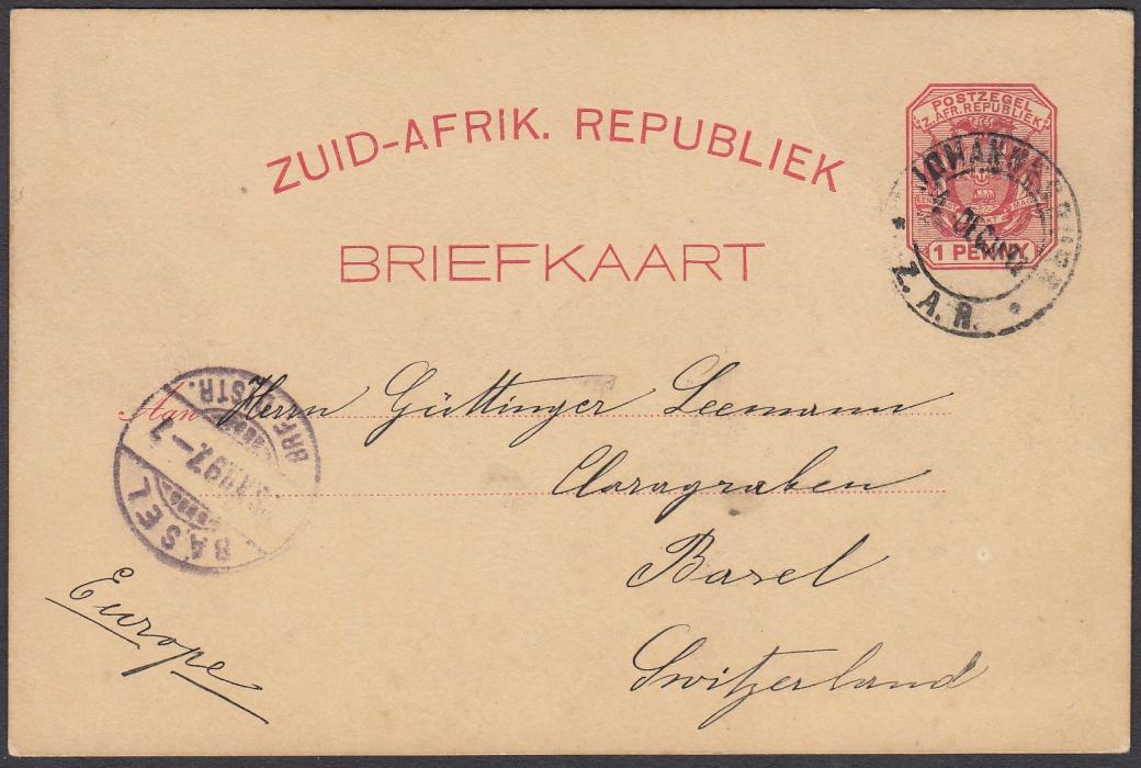 SOUTH AFRICA: (Transvaal - Picture Stationery) 1897 1d. stationery card Greetings from Johannesburg showing local family before dwelling; fine used to Switzerland.