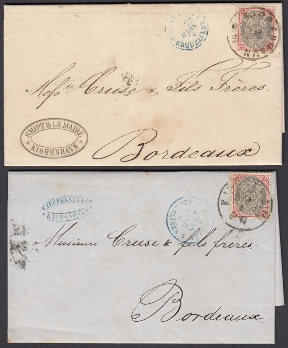 DENMARK 1876 & 1878 Entires to Bordeaux from Copenhagen franked 20ore with normal & inverted frames respectively. Both bear blue French entry cds for Erquelines.