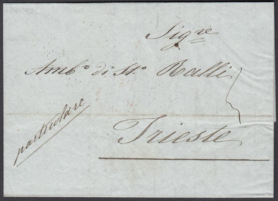 ITALY: (Disinfected Mail) 1842 entire from CONSTANTINOPLE to TRIESTE bearing on reverse extremely fine negative seal NETTO DI FUORA ET DI DENTRO and with red wax seal Sigillium Sanitatis, arrival backstamp.