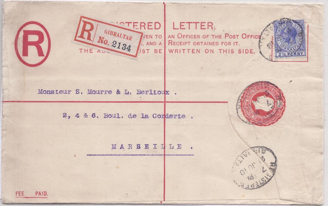 Gibraltar 1918 size H registration stationery envelope, uprated to Marseille, oval registered date stamps, arrival backstamp together with a framed date stamp of Agent; good unfolded condition.
