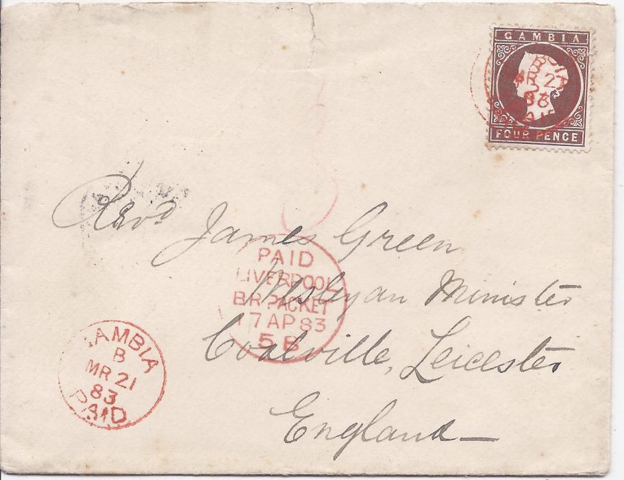 Gambia 1883 (MR 21) cover to Coalville, England bearing single franking perforated 4d. tied by two Gambia Paid cds, a further strike bottom left and manuscript 