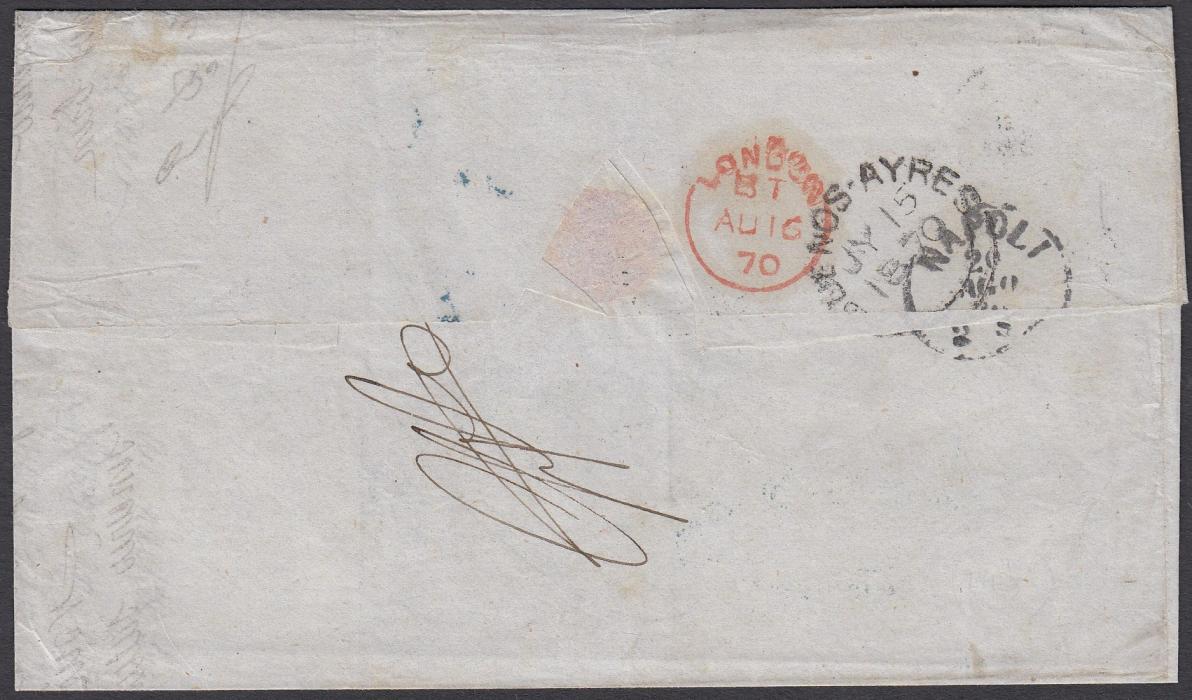 ITALY 1870 wrapper put into the British post at Buenos Ayres, addressed to Naples. On reverse LONDON transit with their accountancy mark GB/1F60c on the obverse alongside the subsequent French handstamp F.56. Rated 10 decimes on arrival and 1L postage due affixed.