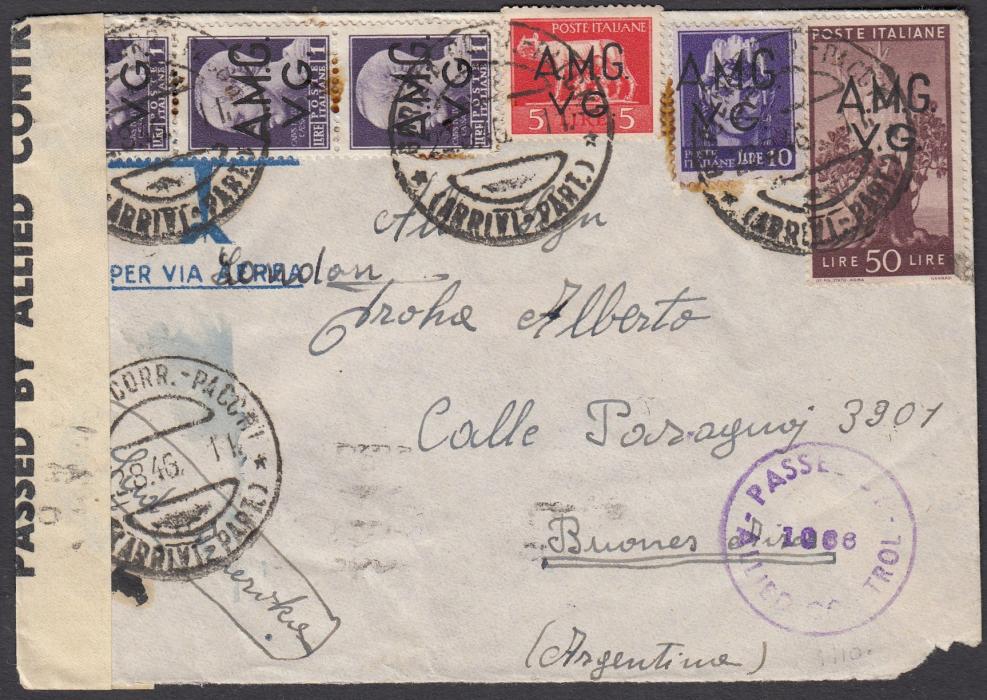 ITALY: (Trieste) 1946 censored cover to Buenos Aires franked strip of three L1,a  L5 and L10 Imperiale together with L50 Cemocratica overprinted ‘AMG-VG’ and tied by Gorizia date stamp