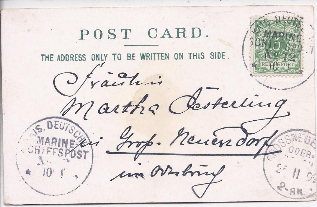 Barbados 1899 chromo-litho postcard to Germany franked Germany 5pf. tied MSP No. 12 cds, arrival cancel bottom right. On this date of 10th Jan the S.M.S. Moltke I was at Havana, Cuba. Some slight aging on front of card.