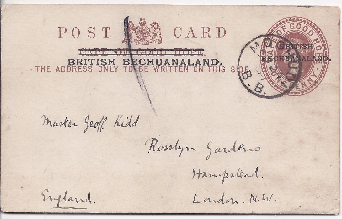 Bechuanaland 1899 overprinted 1d. postal stationery card to Hampstead, London, cancelled Mochudi cds, arrival backstamp.
