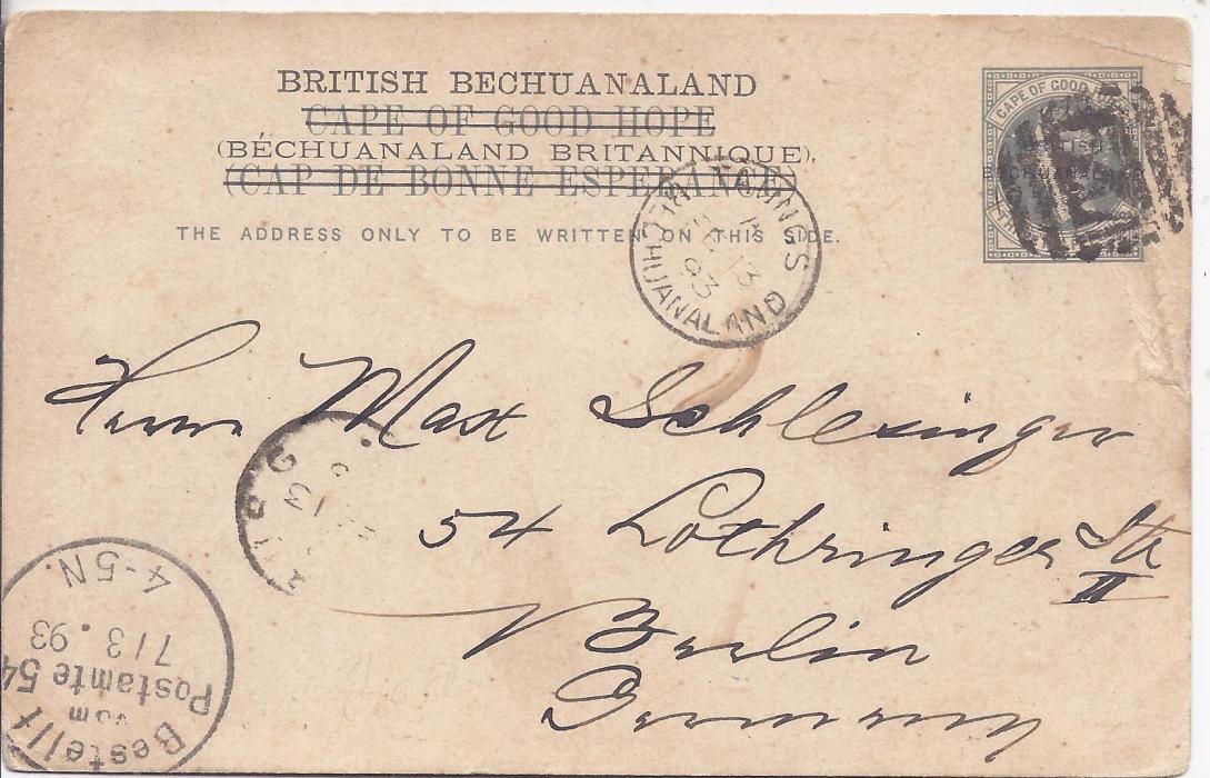 Bechuanaland 1893 Cape of Good Hope Three Halfpence overprinted postal stationery card to Berlin cancelled by numeral obliterator, Taungs Bechuanaland dispatch cds in association, Vyburg transit at centre and arrival cds bottom left; some creasing to card.