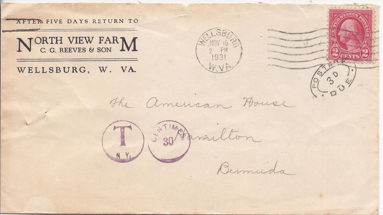 Bermuda 1931 incoming commercial cover from Wellburg, United States, under-franked 2c. Washington, violet postage due charge applied at New York and, tying adhesive and applied on arrival, a double-framed oval Postage Due 3d. handstamp.