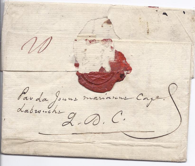 Martinique 1787 (5 Nov) entire to Bordeaux prepaid at 20 sols, under 1oz. rate by Paquebot royal from French colonies, bearing rare LA MARTINIQUE handstamp used only between 1787-88. Endorsed on reverse 