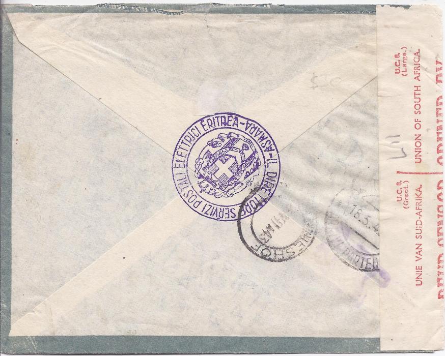 British Occupation of Former Italian Colonies Eritrea 1943 cover to South Africa bearing single franking M.E.F. 5d. tied Asmara Centro cds, fine Eritrea/o/Censorship handstamp to left with South African censor tape down left side, reverse with cachet Il Direttore Servizi Postali Elettrici Eritrea - Asmara overstruck by arrival cds.