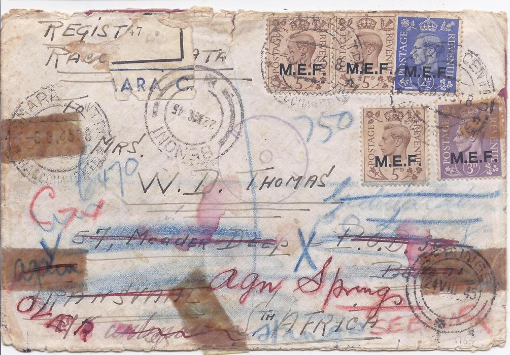 British Occupation of Former Italian Colonies Eritrea 1945 registered censored cover to Transvaal, South Africa franked M.E.F. 2 1/2d., 3d. and 5d. (3) tied Asmara cds, redirected on arrival to Springs and then to Benoni, with wide variety of cancels and some sellotape reinforcements