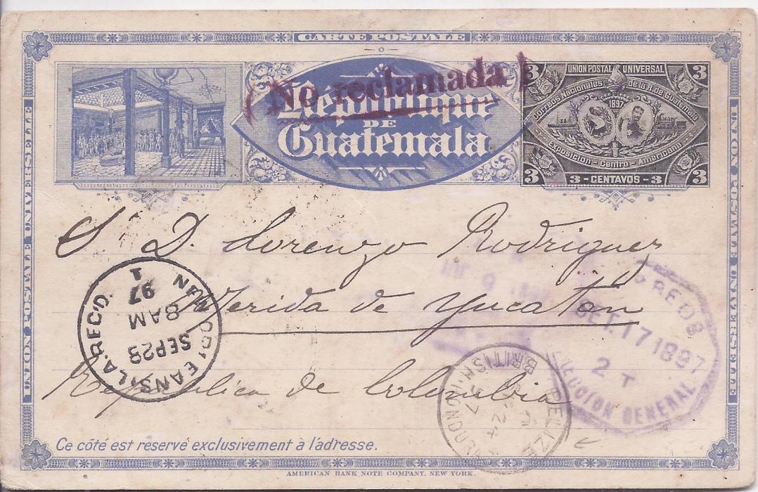 British Honduras Guatemala 1897 3c. illustrated postal stationery card to Merida, Mexico, sent via Belize, British Honduras and New Orleans. Unclaimed and returned .