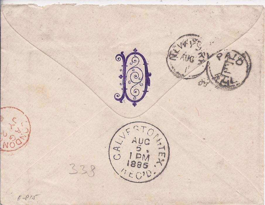 British Levant 1885 (JY 18) cover to Galveston, Texas, franked by 2 1/2d. cancelled by barred C with red British Post Office Constantinople code C in association, envelope endorsed 