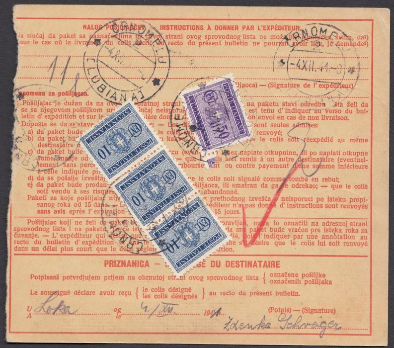ITALY: (Occupation Jugoslavia) 1941 parcel card franked 50c. (2) + L5 Imperiale cancelled NOVO MESTO cds. On reverse 10c. (3) & 50c. postage dues cancelled CRNOMELJ on arrival.