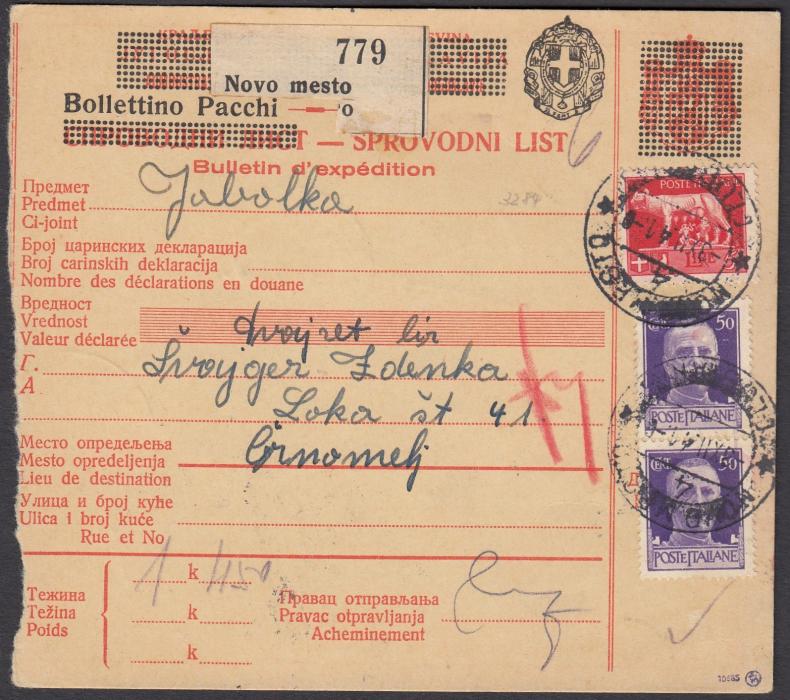 ITALY: (Occupation Jugoslavia) 1941 parcel card franked 50c. (2) + L5 Imperiale cancelled NOVO MESTO cds. On reverse 10c. (3) & 50c. postage dues cancelled CRNOMELJ on arrival.