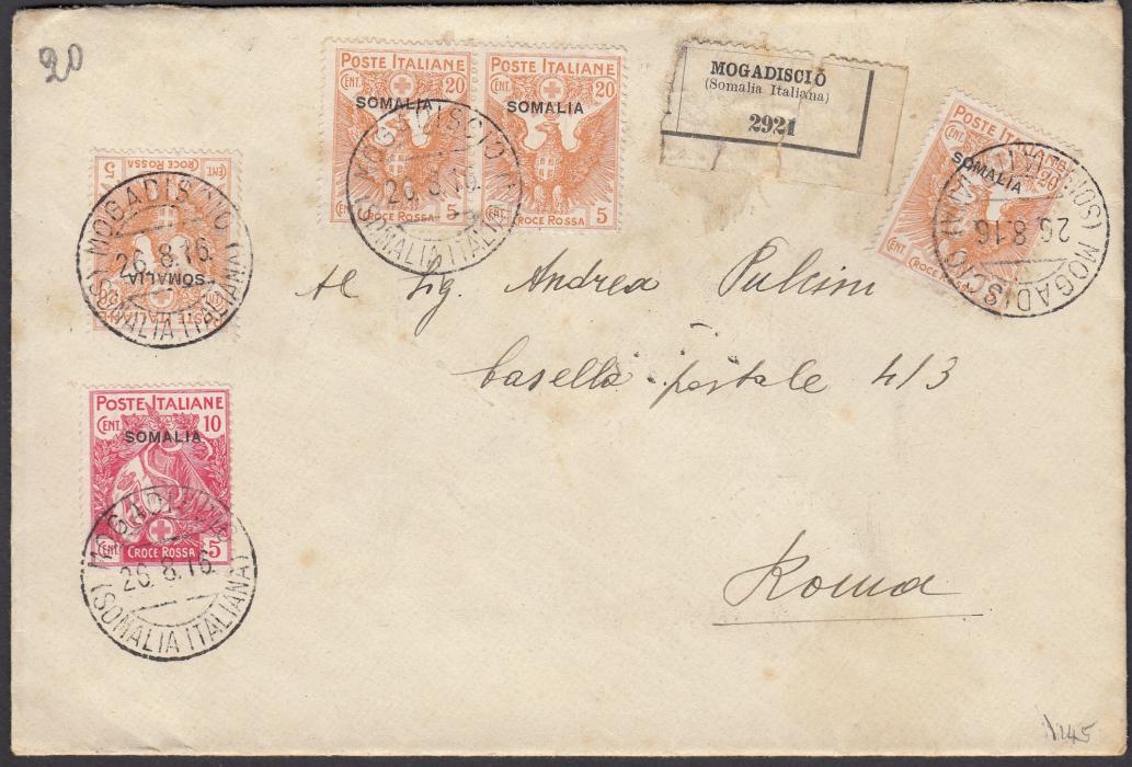 ITALIAN COLONIES: (Somalia) 1916 registered cover to ROME franked Red Cross issue 10 + 5c. and 20 + 5c. (4) tied MOGADISCIO/(SOMALIA ITALIANA) cds, arrival backstamp; some slight staining not detracting.
