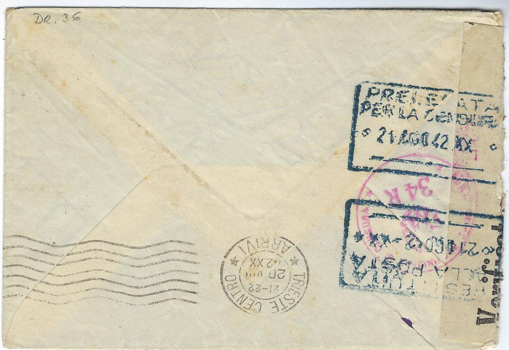 ITALIAN OCCUPATIONS (Macedonia) 1942 cover sent from SKOLPJE to Trieste bearing unique Italian Military cachet 