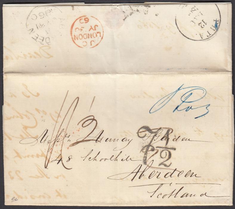 LATVIA: (Accountancy) 1860 entire from RIGA to ABERDEEN with Cyrillic despatch cds on reverse, together with LONDON transit and arrival cds, various manuscript rate markings plus 7½ accountancy handstamp.