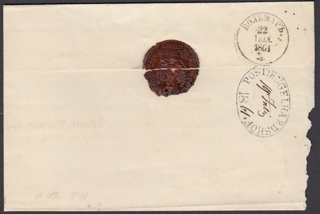 LATVIA 1861 outer letter sheet to WOLMAR with, on reverse, fine strike of oval POST ENGELHARDSHOF despatch date stamp with dates added in manuscript, Cyrillic arrival cds above this; slight fault at right of cover.