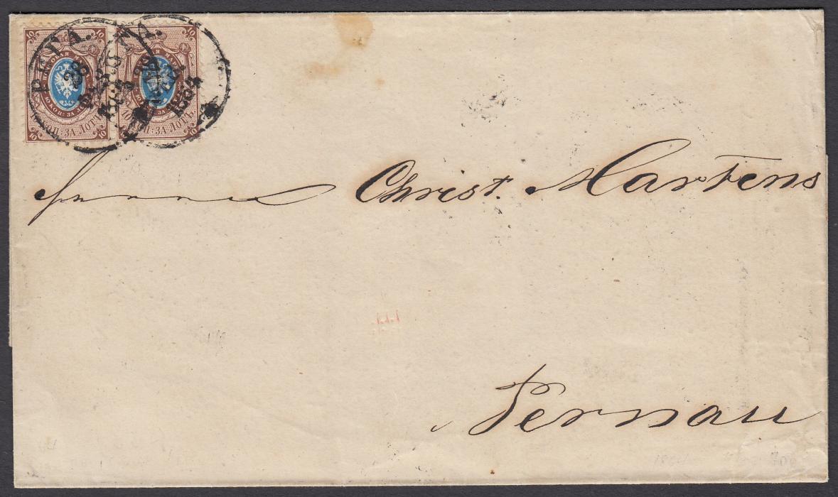 LATVIA  1864 outer letter sheet to PERNAU franked pair 10k. tied by two Cyrillic RIGA cds, repeated on reverse together with arrival cds.