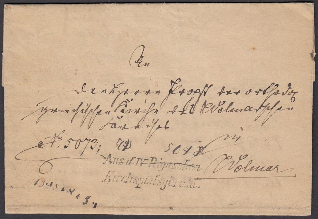 LATVIA 1877 entire to Wolmar bearing church privilege handstamp “Aux d IV Rigaschen/ Kirchspielsycruht”, on reverse straight-line and arrival cds in cyrillic and Riga red wax seal.