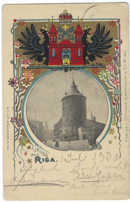 LATVIA 1901 picture post card of Pulverthurm sent locally franked 3k. and bearing Jubilee label and tied by RIGA EXHIBITION date stamp.