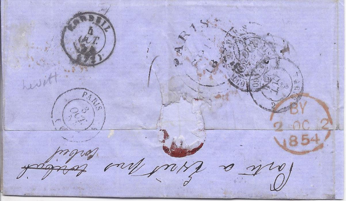 Canada 1854 entire to Paris,addressed without country name and therefore sent to Paris, Upper Canada whose arrival cds appears top right, alongside manuscript 