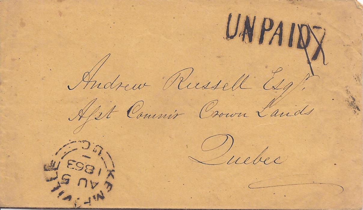 Canada 1863 stampless cover to Quebec bearing Kempville despatch cds and UNPAID 7 for the 1/2 oz rate. (If prepaid would have been 5c.)