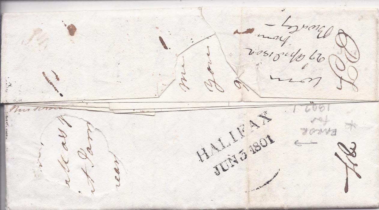 Canada Incoming Mail. 1802 entire to Frederickton, New Brunswick with two-line Beverley despatch, red framed tombstone date stamp, various manuscript rate markings, reverse with two-line HALIFAX date stamp showing incorrect year, light vertical filing creases.