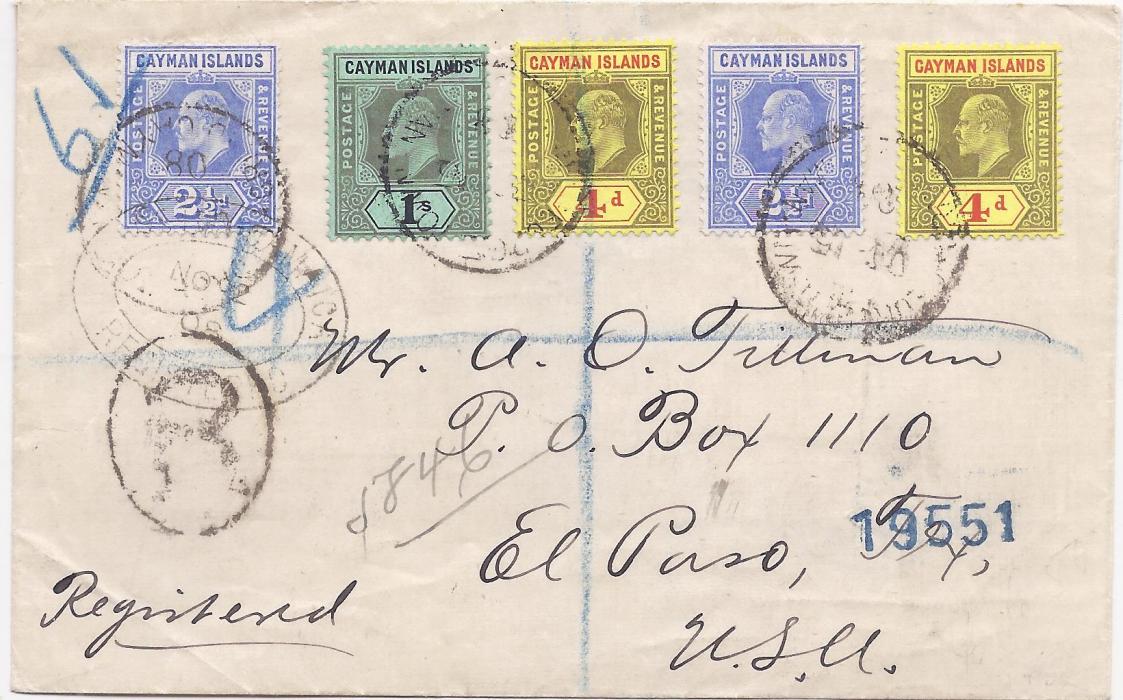 Cayman Islands 1908 registered cover to USA bearing KEVII  2½d. (2), 4d. (2) and 1s. tied cds, manuscript registration and ‘R’ handstamp, Kingston Jamaica Registration transit, reverse with New York transits and El Paso arrival cancels.
