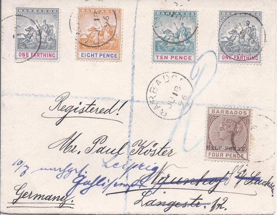 Barbados 1896 (JU 18) registered cover franked 1892 ½d on 4d. plus ‘Seal of Colony’ ¼d. (2), 8d. and 10d. tied cds, reverse with registration label and arrival cds.