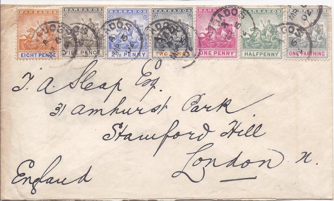 Barbados 1902 cover to London franked ‘Seal of Colony’ ¼d. to 5d. plus 8d. tied index A cds; some slight ageing to colourful franking envelope.