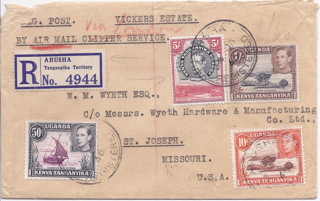 Kenya, Uganda & Tanganyika 1946 (30 Jan) registered airmail cover via London to St Joseph, Missouri, USA franked 6s30c double rate plus registration fee, the franking including perf 13 1/4 x 13 3/4, transit and arrival backstamps, slight faults to top of envelope.