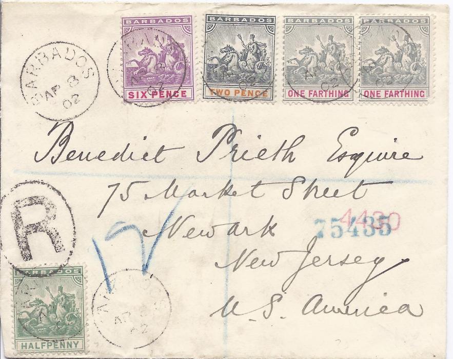 Barbados 1902 registered cover to Newark, New Jersey, franked 1/4d. (2), 1/2d., 2d. and 6d. tied Barbados cds, oval-framed R, reverse with registration label, New York transit and arrival date stamp.