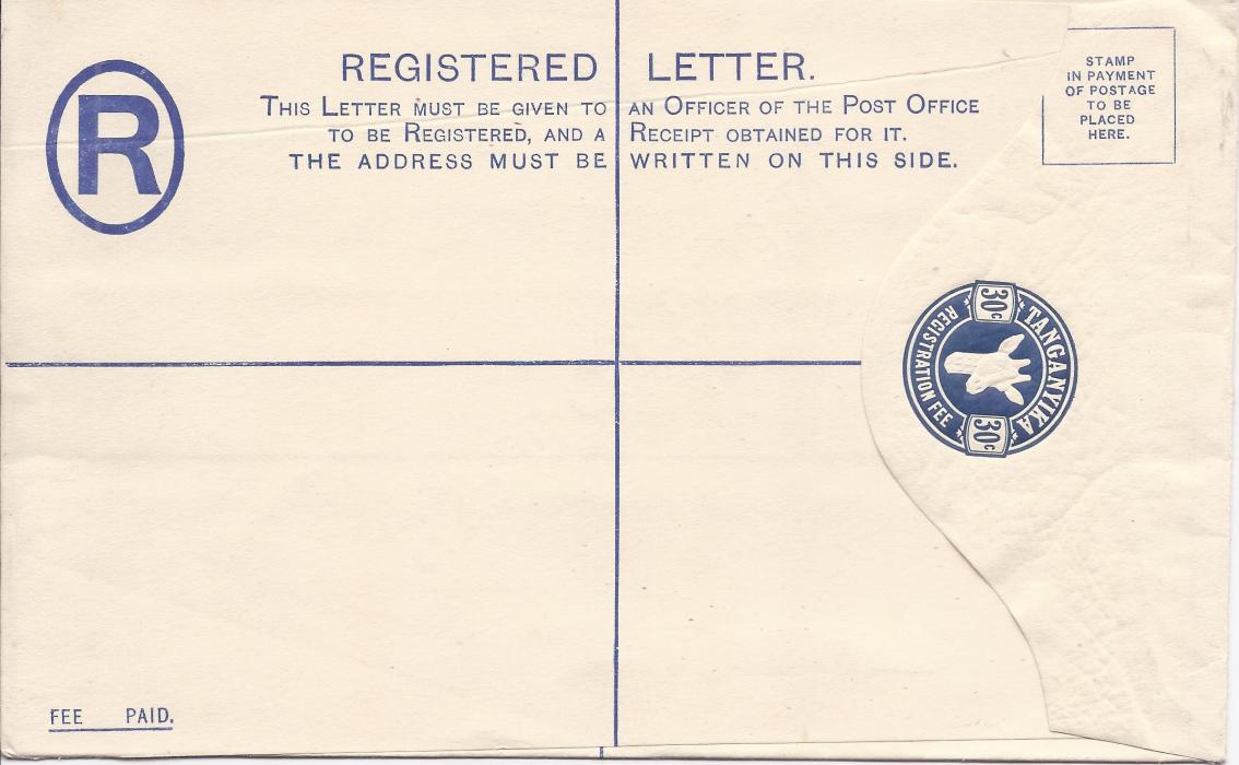 Tanganyika 1925 30c, size H, ‘Giraffe’ registration envelope diagonally overprinted SPECIMEN on reverse,  fine condition.