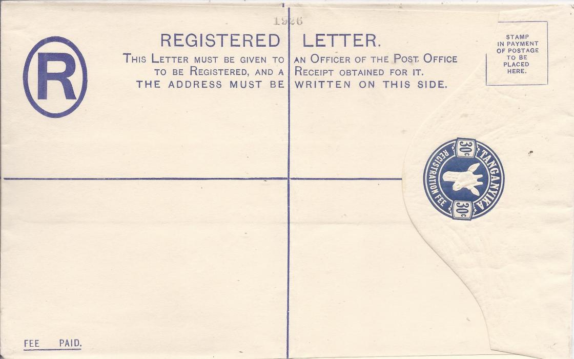 Tanganyika 1925 30c, size H, ‘Giraffe’ registration envelope diagonally overprinted SPECIMEN on reverse, front bearing archival 1926 at top; central vertical crease